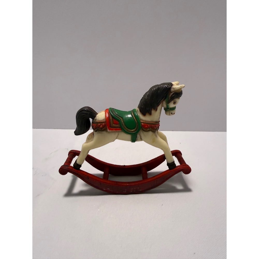 Vintage Hard Plastic Rocking Horse Figurine White Green Red Holiday Decor